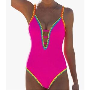 Women One Piece Swimsuit Tummy Control Deep V Neck Neon Cute colors summer XL